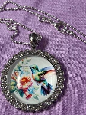 Silver Hummingbird Crystal 1 inch Pendant Necklace - Multicolor
